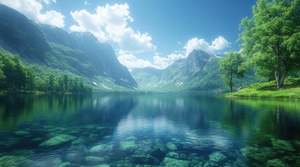 Serene mountain landscape reflecting in a tranquil lake under a bright blue sky with clouds