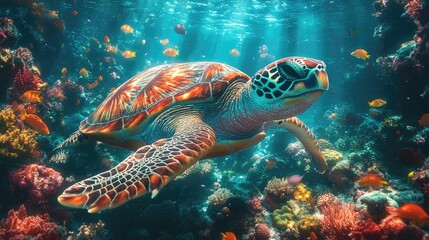 Fototapeta premium Vibrant sea turtle swimming gracefully through a colorful coral reef teeming with fish