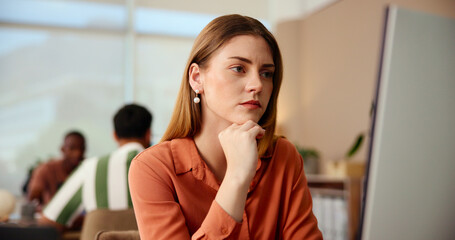 Business, planning and woman with computer, online reading and ideas for creative project. Person, copywriting and employee in office, pc and research for article, thinking and solution with choice