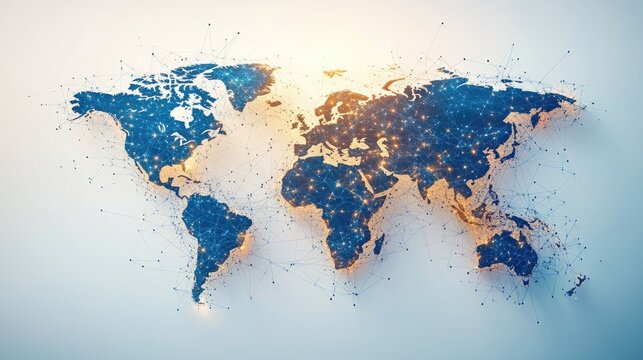 Abstract digital world map with glowing connections representing global networking and technology