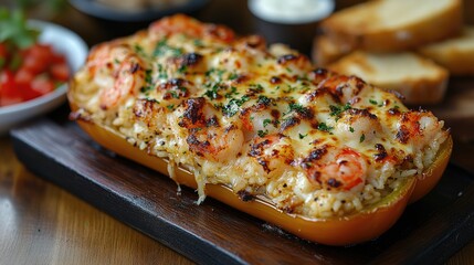 Deliciously baked seafood stuffed bell pepper with melted cheese, served on a wooden platter