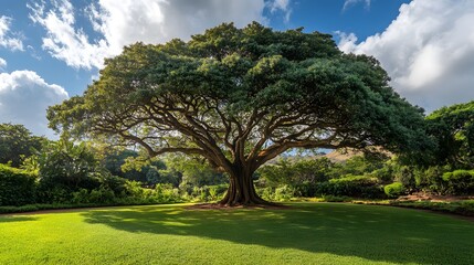 Naklejka premium Majestic Tree Stands Tall In Lush Green Garden
