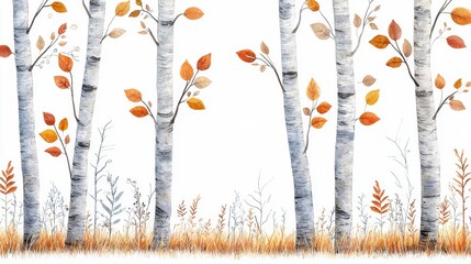 Autumn Birch Trees Watercolor Painting With Yellow And Orange Leaves