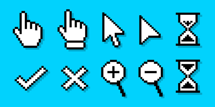 Pixel pointer cursor сomputer mouse icon set. Pixel clicking cursor, pointing hand clicks, arrows, hand click pointers, Magnifying Glass, hourglass, check mark, cross mark. Vector Illustration.