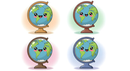 Cute Kawaii Globe Illustrations Set for Kids
