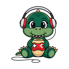 Cute Gamer Dinosaur Vector Illustration – T-Rex with Headset and Game Controller