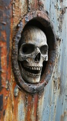 A weathered skull peering through a rusty porthole, surrounded by corroded metal textures