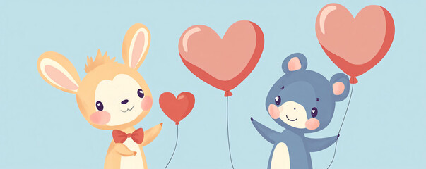 Adorable illustration of a rabbit and bear holding heart balloons in pastel colors.
