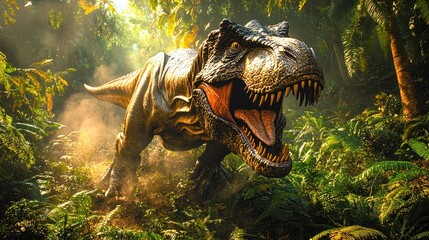 A roaring dinosaur emerges from dense jungle foliage, surrounded by mist and vibrant greenery