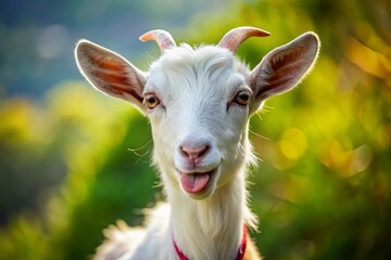 Obraz premium Playful White Goat Sticking Out Tongue, Bokeh Background, Farm Animal Portrait