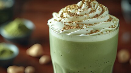 Creamy green beverage topped with whipped cream and cocoa, surrounded by matcha powder and nuts