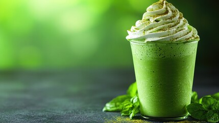 Refreshing green beverage topped with whipped cream, set against a vibrant green backdrop