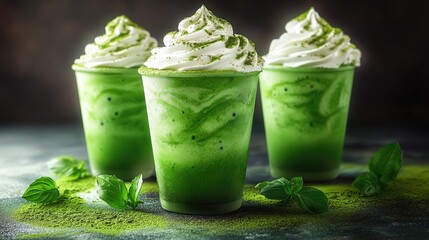 Three vibrant green beverages topped with whipped cream and mint leaves on a dark background