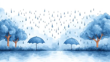 Serene watercolor scene of blue umbrellas in the rain with trees and a calm lake in the background