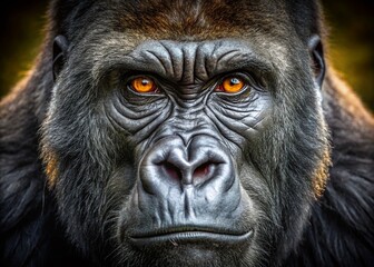 Obraz premium Powerful Gorilla Portrait: Intense Yellow Eyes, Close-Up Animal Photography