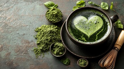 A beautifully crafted cup of green matcha tea with heart design, surrounded by matcha powder and leaves