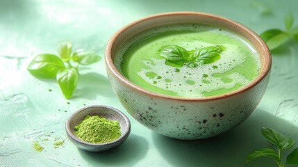 Fresh green basil soup in a rustic bowl with basil leaves and matcha powder on a light backdrop