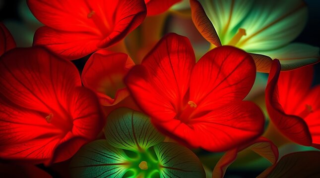 Extreme macro close-up of various bioluminescent flowers, vibrant glowing colors, distinct split sections, bold areas, natural light, detailed subject.