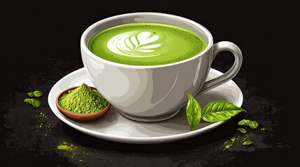 A beautifully crafted cup of green tea with latte art, surrounded by matcha powder and leaves