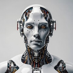 Futuristic cybernetic female with a perfect fusion of human beauty and advanced technology. Intricate circuits and seamless design symbolize the harmony of AI and humanity. Ideal for sci-fi