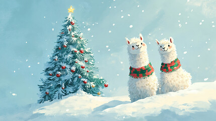 White alpacas red green polka dot scarves stand snowy decorated Christmas tree winter holiday festive illustration soft fluffy animals cozy seasonal scene cute kid art nursery room print spirit pet