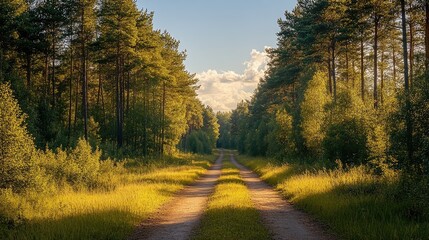 Naklejka premium Serene forest pathway under golden sunlight, leading through lush greenery and distant clouds