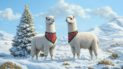 White alpacas red green polka dot scarves stand snowy decorated Christmas tree winter holiday festive illustration soft fluffy animals cozy seasonal scene cute kid art nursery room print spirit pet