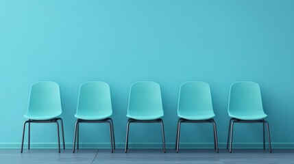 Minimalist Interior Design with Five Turquoise Chairs Against a Blue Wall