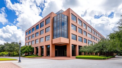 Obraz premium Contemporary Brown Brick Office Building with Landscaped Grounds on Sunny Day