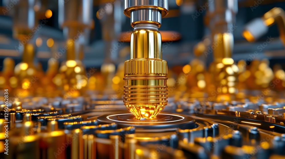 Poster close-up view of intricate machining process with golden nozzle in a modern industrial setting for t