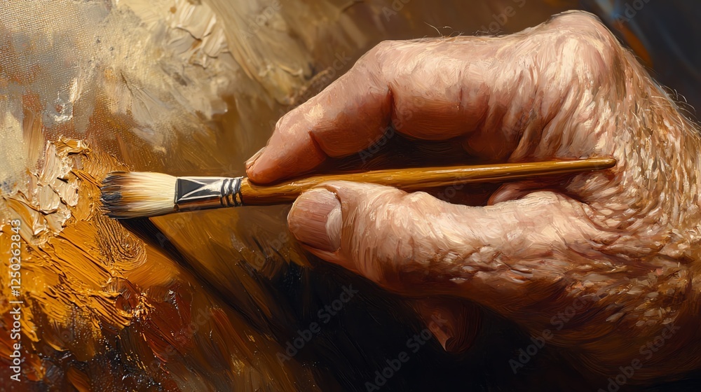 Poster Hand Holding a Brush Applying Paint on a Canvas During an Artistic Creation at a Workspace