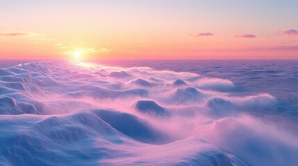 Serene sunrise over snow-covered waves, showcasing a tranquil winter landscape at dawn