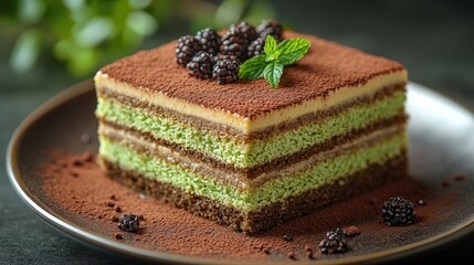 Delicious layered dessert featuring rich chocolate and green matcha flavors, garnished with blackberries