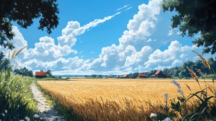 A serene landscape depicting rice fields under a cloudy sky,