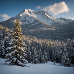 A dense pine forest at the base of a towering snowy peak, dusted with fresh snow.