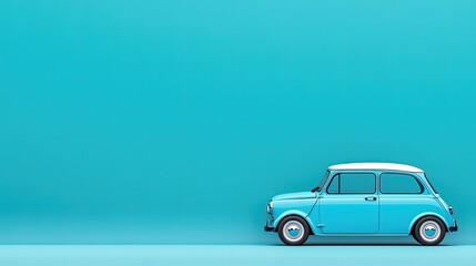 Vintage blue car parked against a vibrant turquoise backdrop, evoking nostalgia and style