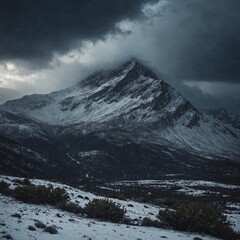 A dramatic winter storm rolling over a rugged mountain landscape, with dark clouds and heavy snowfall.