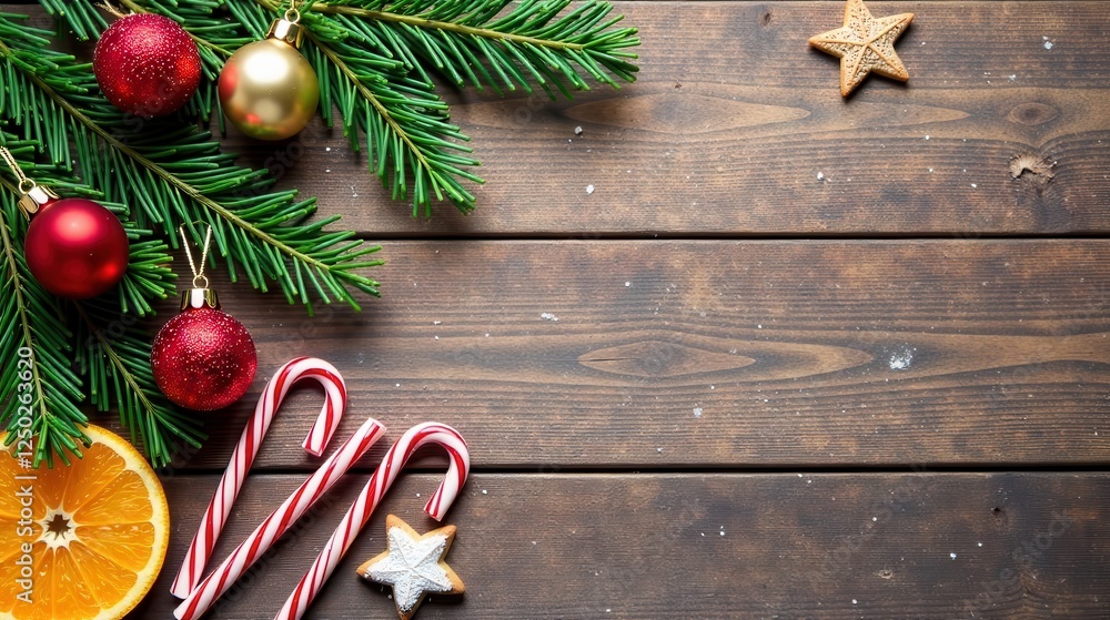 Poster Festive Holiday Decorations on Rustic Wooden Background with Ornaments, Candy Canes, and Cookies