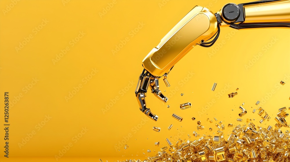 Poster robotic arm collecting golden objects on bright yellow background showcasing technological innovatio