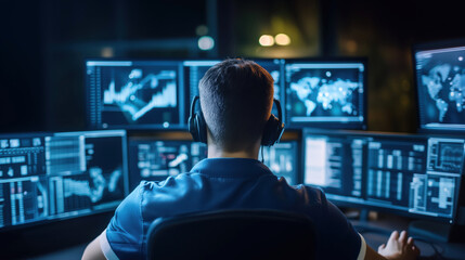 Fototapeta premium Man Analyzing Data on Multiple Screens in Dark Office Environment