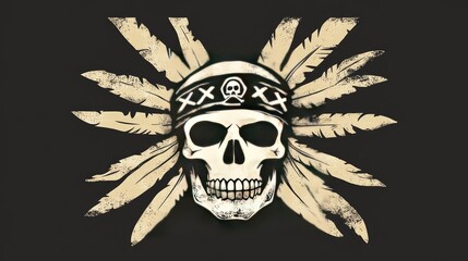 Skull with feathers and bandana, symbolizing piracy, set against a dark background