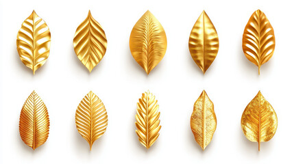 Stunning collection of golden leaves arranged on a white background, perfect for elegant design projects. Ideal for seasonal themes and luxury aesthetics