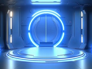 Obraz premium Futuristic Blue Portal Shining in a Sleek Modern Environment with Energetic Vibes