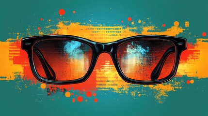 Stylish sunglasses reflecting a vibrant abstract background with colorful splashes and textures