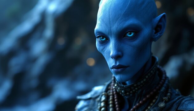 Portrait of a Blue Skinned Female Alien Creature with Glowing Eyes