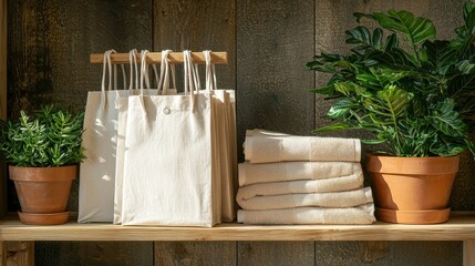 Natural decor with eco-friendly bags, towels, and potted plants on a wooden shelf.