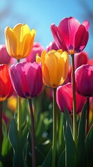 Vibrant tulips in a colorful garden basking in sunlight, showcasing spring's beauty and freshness
