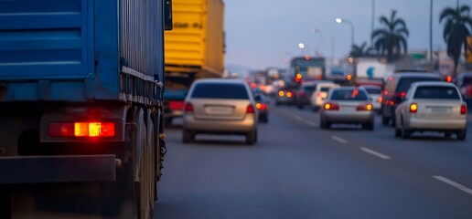 Evening congestion showcases urban vehicle movement on multi-lane roadway