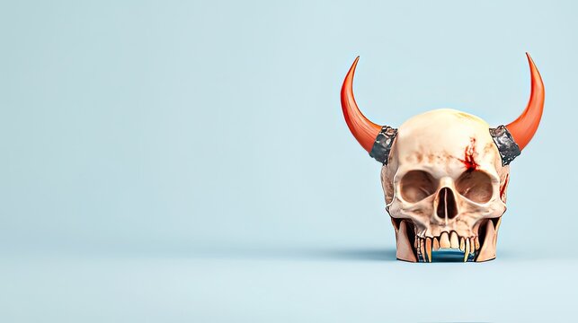 A stylized skull with orange horns and metallic accents against a light blue background