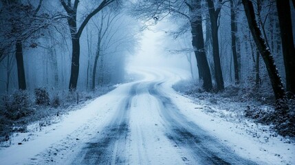 Obraz premium Snowy Road Winding Through Winter Forest